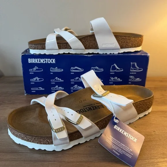 Birkenstock Franca Sandals in Patent White with Gold Buckles - Picture 1 of 11